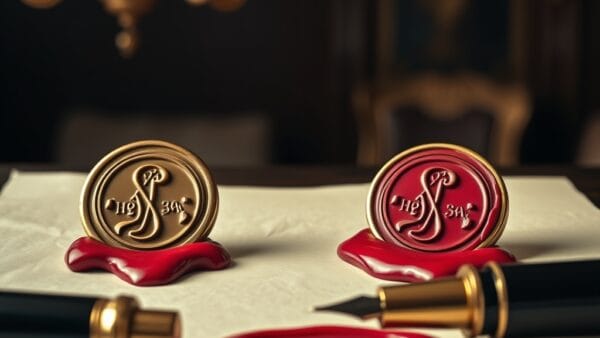 Deux sceaux officiels en laiton dans la cire rouge sur parchemin avec stylo-plume