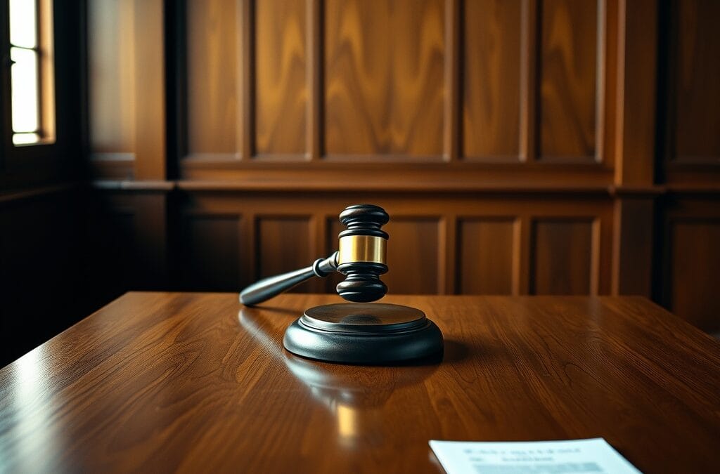 Bureau en chêne avec marteau de juge en laiton et document plié sous lumière naturelle