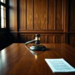 Bureau en chêne avec marteau de juge en laiton et document plié sous lumière naturelle