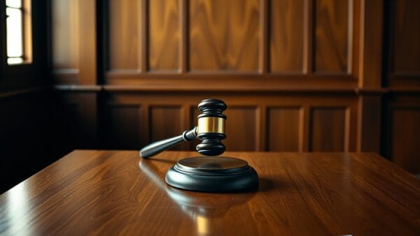 Bureau en chêne avec marteau de juge en laiton et document plié sous lumière naturelle