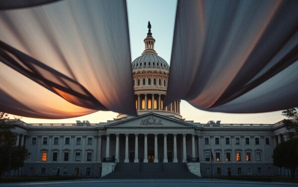 Capitol building américain au crépuscule avec drapeau flottant