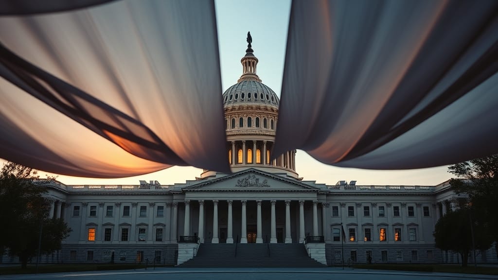 Crypto US : SEC et CFTC scellent un MOU et clarifient les règles 1 Capitol building américain au crépuscule avec drapeau flottant