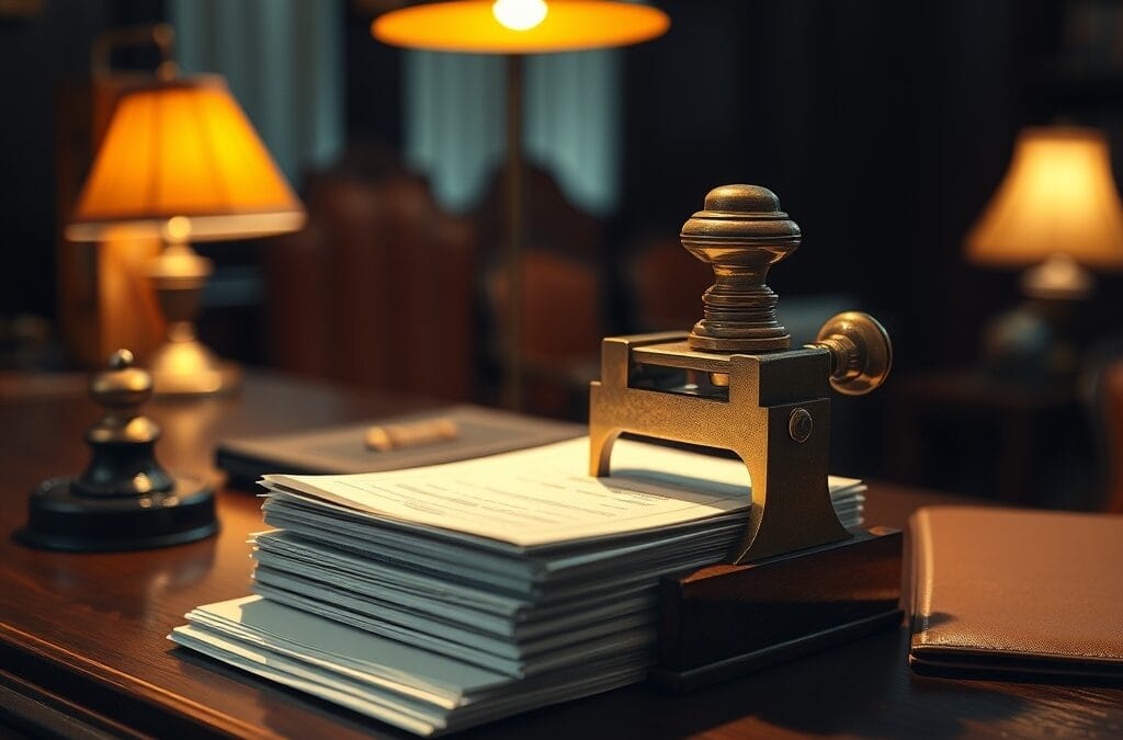 Tampon en laiton s abattant sur des documents officiels avec encrier sur bureau en chene