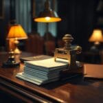 Tampon en laiton s abattant sur des documents officiels avec encrier sur bureau en chene