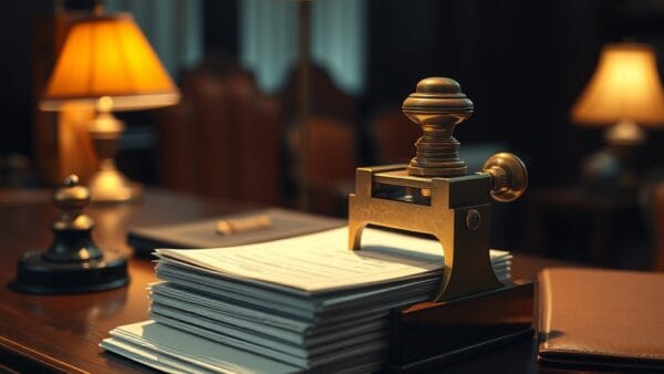 Tampon en laiton s abattant sur des documents officiels avec encrier sur bureau en chene