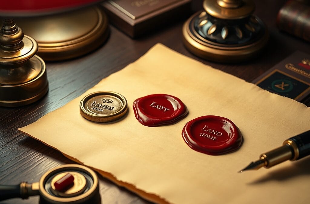 Deux sceaux en laiton presses dans de la cire rouge sur un parchemin avec encrier