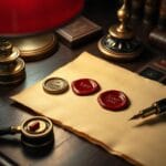 Deux sceaux en laiton presses dans de la cire rouge sur un parchemin avec encrier