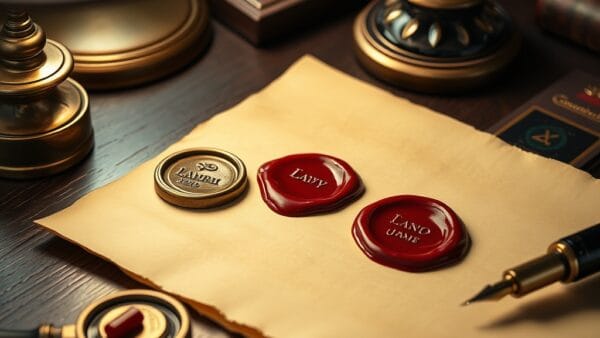 Deux sceaux en laiton presses dans de la cire rouge sur un parchemin avec encrier