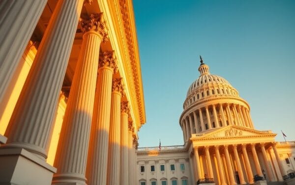 Bâtiment du Capitole américain au coucher du soleil avec colonnes classiques