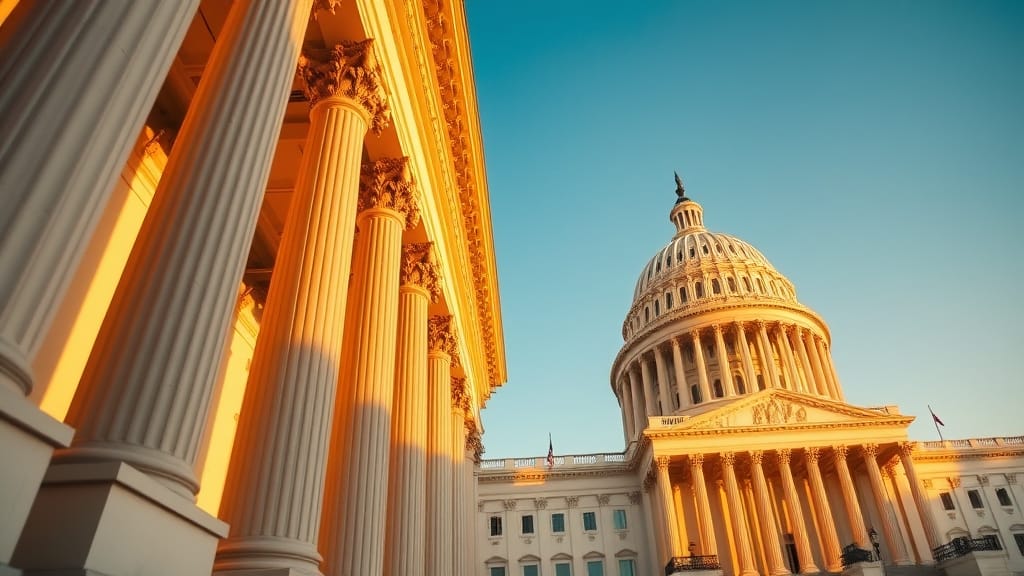 Bâtiment du Capitole américain au coucher du soleil avec colonnes classiques