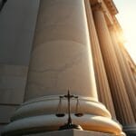 Colonnes en marbre d'un bâtiment gouvernemental avec balance de la justice en arrière-plan