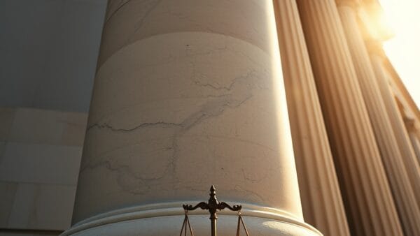 Colonnes en marbre d'un bâtiment gouvernemental avec balance de la justice en arrière-plan