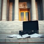 Façade de bâtiment institutionnel avec mallette et documents juridiques déployés sur marches en marbre