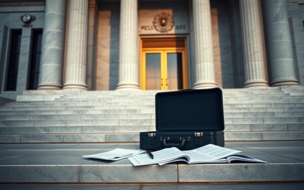 Façade de bâtiment institutionnel avec mallette et documents juridiques déployés sur marches en marbre
