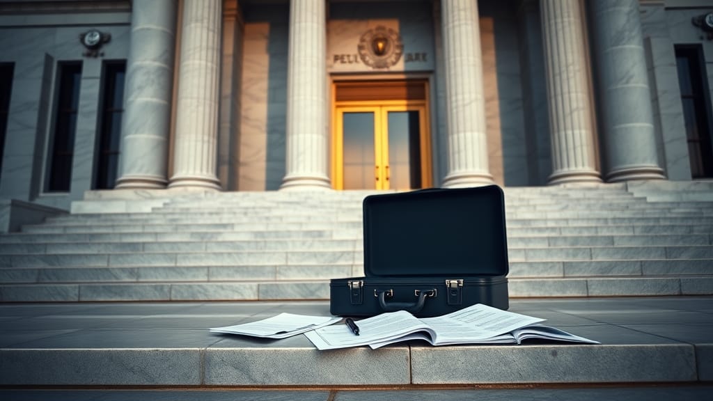 Façade de bâtiment institutionnel avec mallette et documents juridiques déployés sur marches en marbre