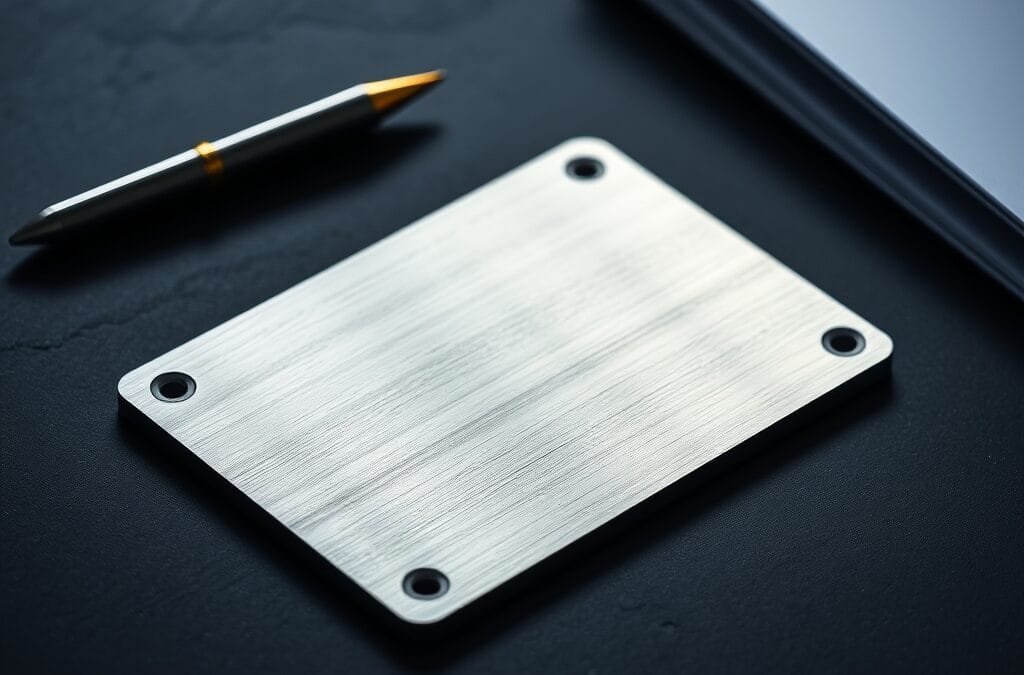 Plaque métallique de sauvegarde posée sur une surface en ardoise avec un stylo