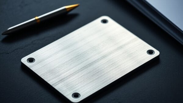 Plaque métallique de sauvegarde posée sur une surface en ardoise avec un stylo