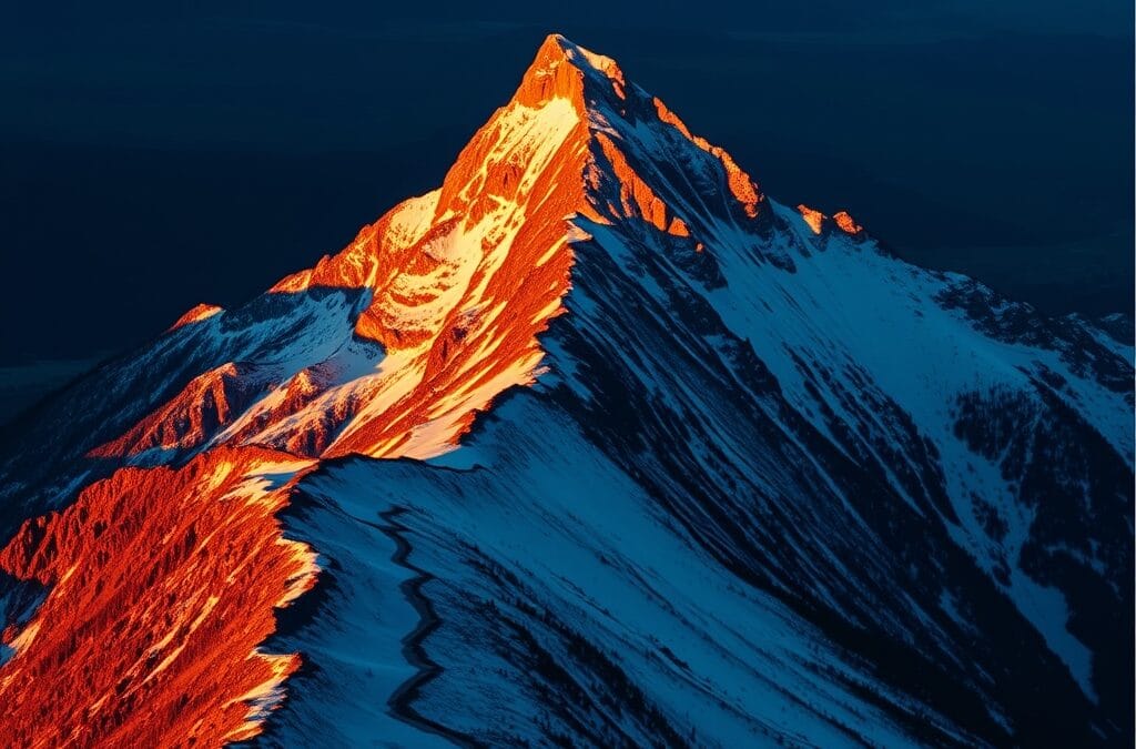 Sommet de montagne à l'aube avec lumière dorée sur les crêtes enneigées