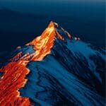 Sommet de montagne à l'aube avec lumière dorée sur les crêtes enneigées