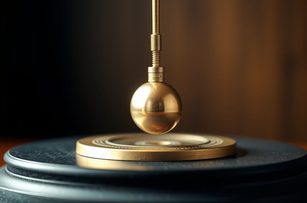 Pendule en laiton oscillant au point le plus bas au-dessus d une plateforme sombre