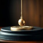 Pendule en laiton oscillant au point le plus bas au-dessus d une plateforme sombre