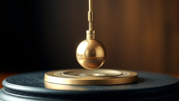 Pendule en laiton oscillant au point le plus bas au-dessus d une plateforme sombre