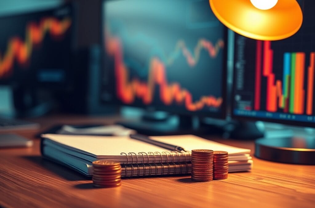 Bureau de trading avec graphiques verts éclairés par une lampe de bureau