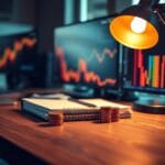 Bureau de trading avec graphiques verts éclairés par une lampe de bureau