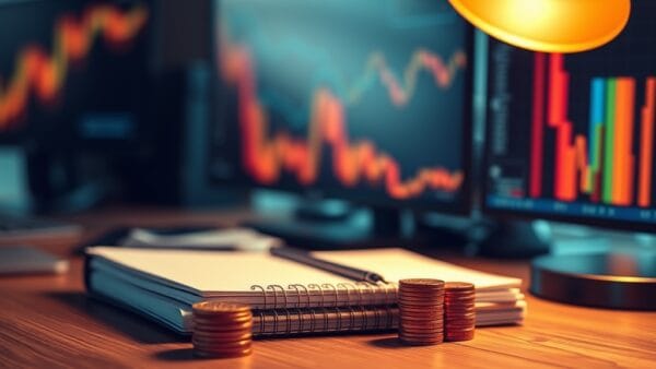 Bureau de trading avec graphiques verts éclairés par une lampe de bureau