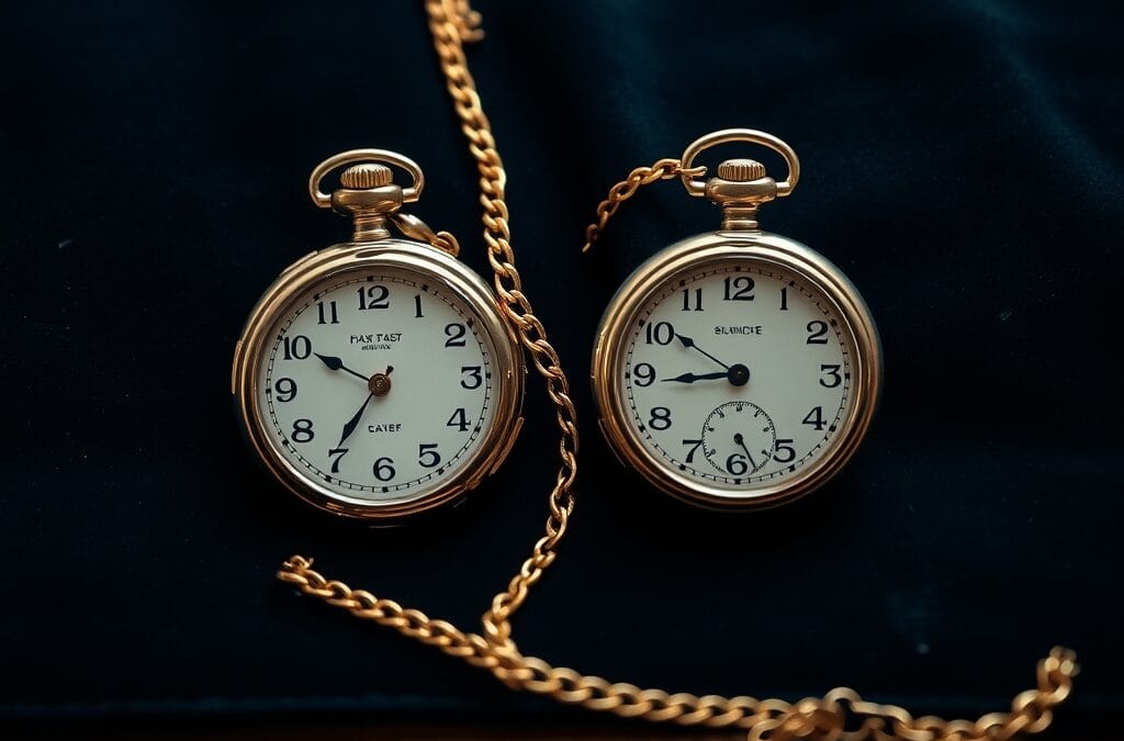 Deux montres a gousset vintage cote a cote sur du velours sombre avec une chaine en or