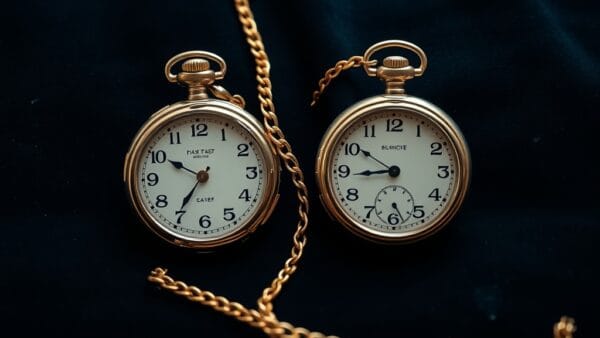 Deux montres a gousset vintage cote a cote sur du velours sombre avec une chaine en or