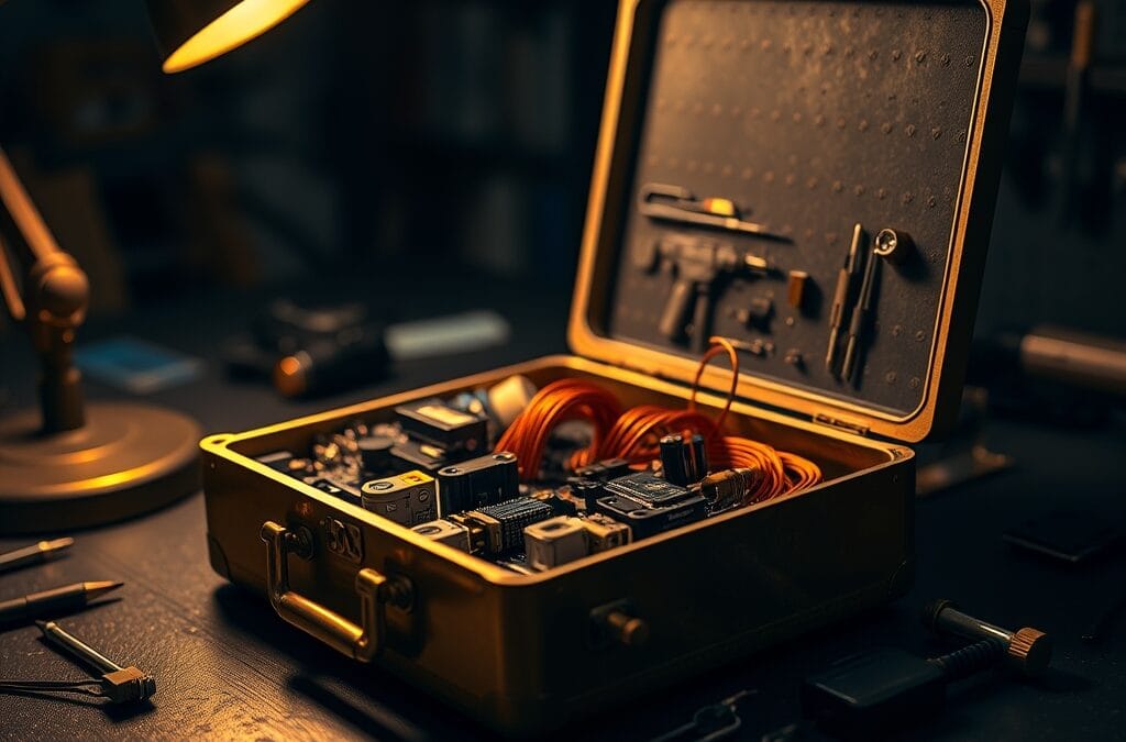 Boite a outils en laiton ouverte sur un etabli revelant des instruments de precision