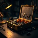 Boite a outils en laiton ouverte sur un etabli revelant des instruments de precision