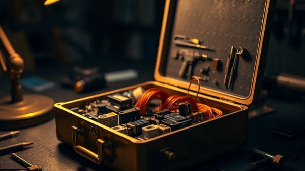 Boite a outils en laiton ouverte sur un etabli revelant des instruments de precision