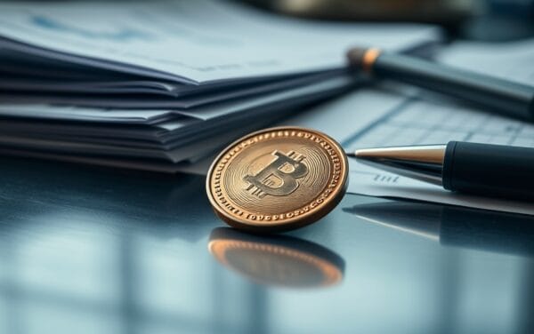 Pièce métallique posée sur un bureau à côté d'un rapport de trading en lumière naturelle