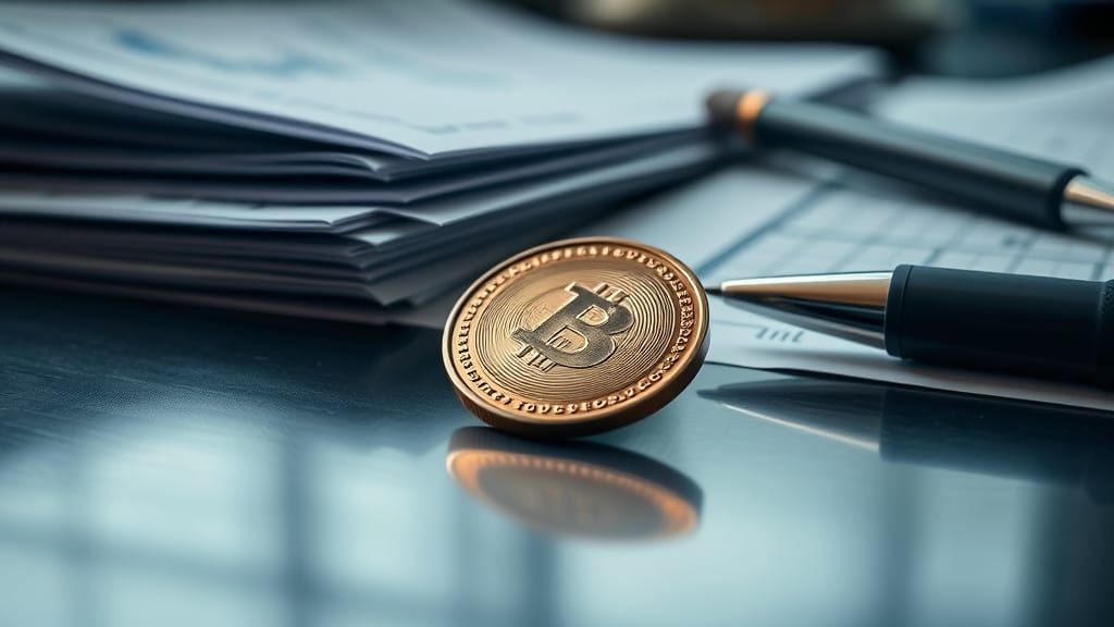 Pièce métallique posée sur un bureau à côté d'un rapport de trading en lumière naturelle