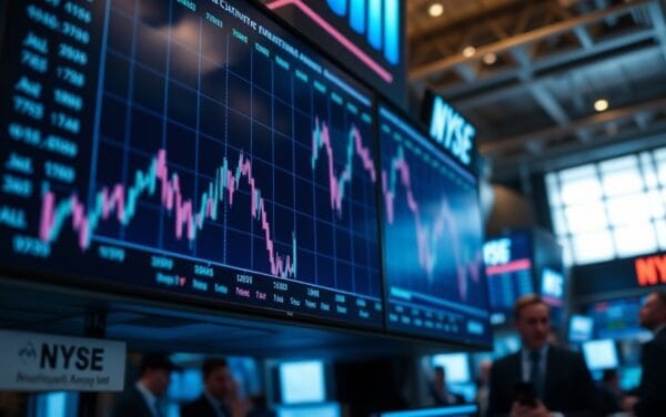 Salle de marché avec écran de trading affichant un graphique en baisse