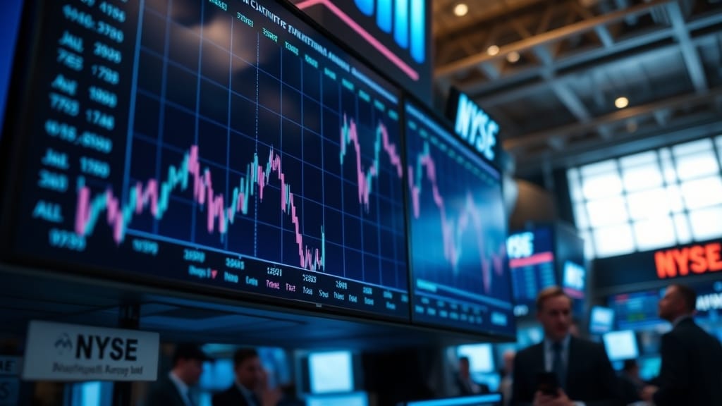 Salle de marché avec écran de trading affichant un graphique en baisse