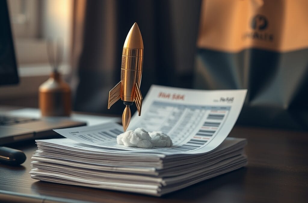 Presse-papier en laiton en forme de fusee sur des recus de trading