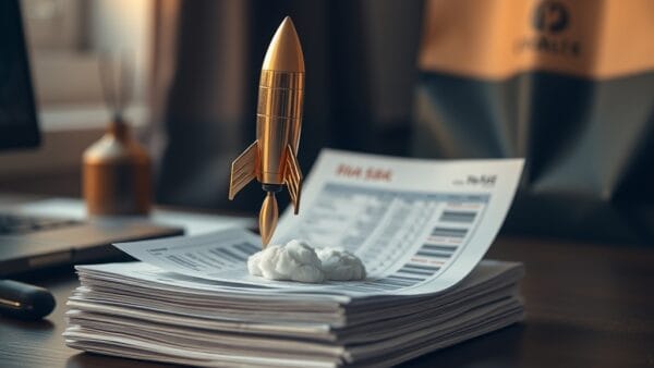 Presse-papier en laiton en forme de fusee sur des recus de trading