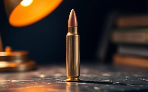 Douille en cuivre posée sur une dalle en marbre sombre éclairée par une lampe ambrée