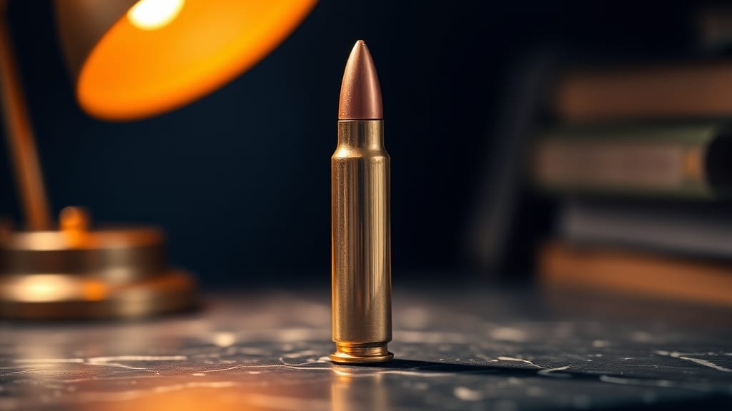 Douille en cuivre posée sur une dalle en marbre sombre éclairée par une lampe ambrée