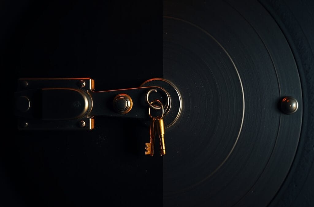 Porte de coffre-fort en acier entrouverte avec lumière ambrée filtrant à travers