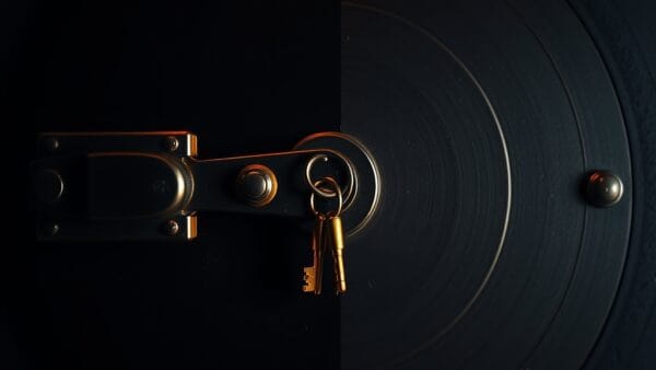 Porte de coffre-fort en acier entrouverte avec lumière ambrée filtrant à travers