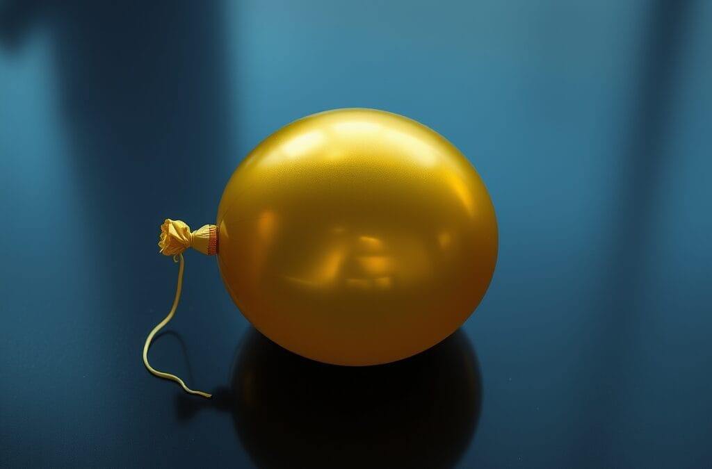 Ballon dore degonfle pose sur un sol sombre poli avec ficelle trainant dans l ombre