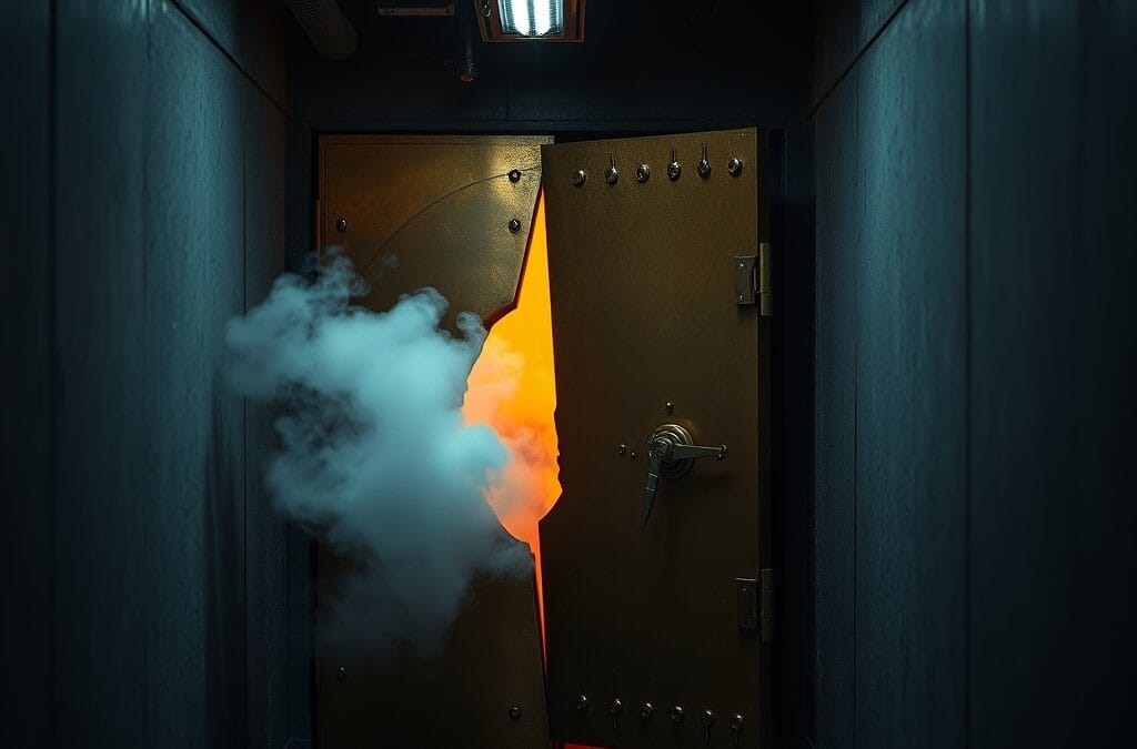 Porte de coffre-fort en laiton fissuree avec fumee s infiltrant dans un couloir sombre