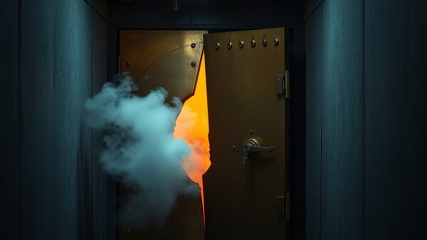 Porte de coffre-fort en laiton fissuree avec fumee s infiltrant dans un couloir sombre