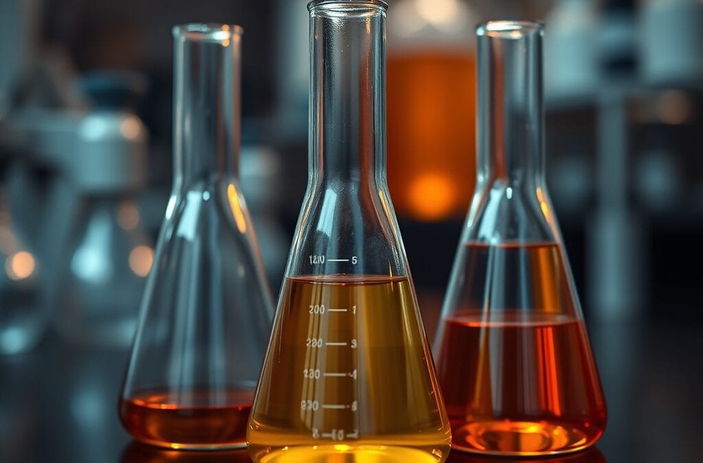 Trois bechers remplis de liquides ambre, argent et cuivre sur un plan de travail de labo