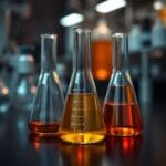 Trois bechers remplis de liquides ambre, argent et cuivre sur un plan de travail de labo