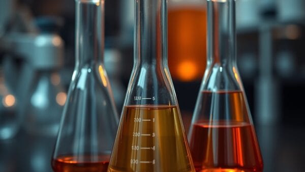 Trois bechers remplis de liquides ambre, argent et cuivre sur un plan de travail de labo